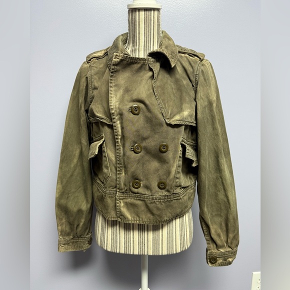 LONDON Jean Olive dyed distressed cropped double breasted utility Jacket size L - Picture 1 of 15